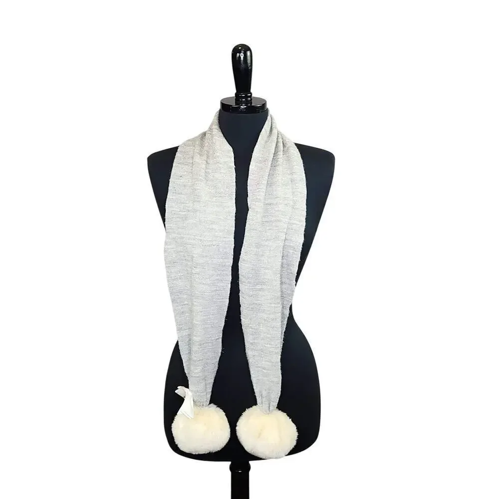Juicy Couture Gray Knit Scarf Faux Fur Pompoms Bow Y2K 2000s Retro